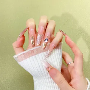 Faux Ongles Press On Longs de Luxe Faits Main Texture Coquillage Sirène Strass Kit de Faux Ongles Artificiels pour Femmes