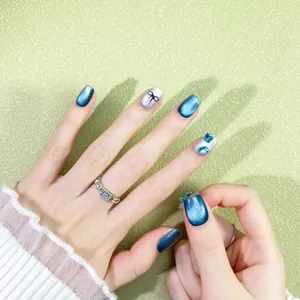 Uñas Postizas Cat Eye Azul Degradado Falsas Con Lazo Y Strass Uñas Cortas Cuadradas Ovaladas Set de Arte de Uñas