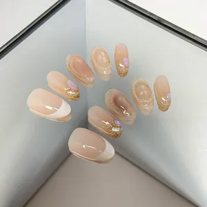 Handmade Press On Nails Gentle Nude French Glitter Rhinestone Cat Eye Fake Nails Finished Reusable Acrylic Nail Art For Women