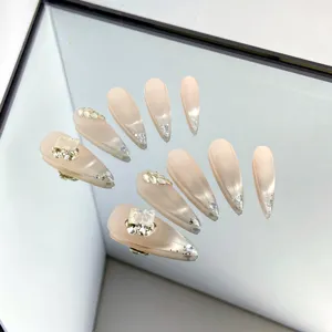 Handmade Press On Nails Nude Pink Gradient Cat Eye Rhinestone Fake Nails Bridal Wedding Long Artificial Nail Art Set