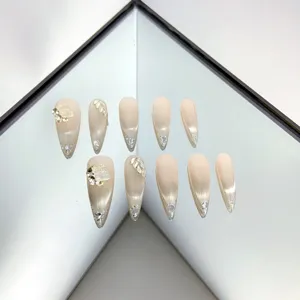 Handmade press-on nails nude pink gradient cat eye rhinestones luxury wedding false nails