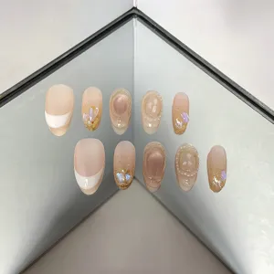 Handmade press-on nails nude French style glitter pearl rhinestones cat eye false nails
