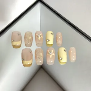 Handmade press-on nails nude star glitter medium long square chic gentle style 10pcs