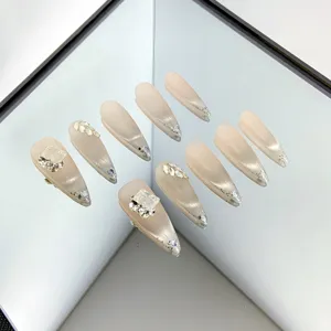 Handmade press-on nails nude gradient cat eye rhinestones luxury wedding false nail art sets