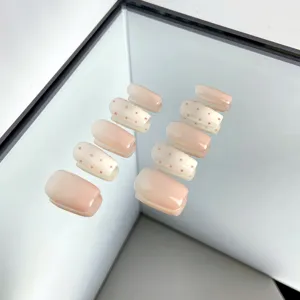 Handmade short press-on nails nude pink gradient with cute polka dots minimalist daily wear