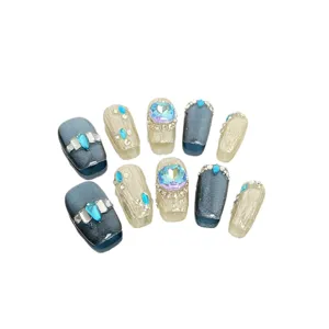 Luxury handmade press-on fake nail set cat eye crystal rhinestone elegant style art 10pcs