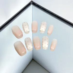 Short press on nails with nude pink ombre and cute brown polka dots, handmade style 10pcs set.