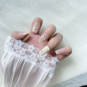 Handmade press-on nails medium length nude glitter star rhinestone chic style fake nails