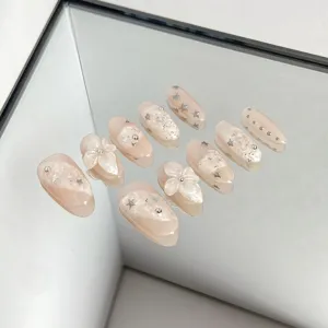 Handmade press-on nails nude pink translucent 3D floral silver star rhinestone cute style