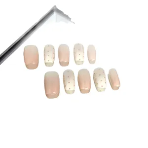 Short press on nails nude pink gradient and cute polka dot design stylish handmade false nails set.