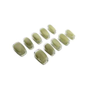 Avocado green press on nails short square cat eye glitter edge fake nail set for women.