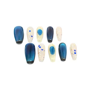Faux ongles faits à la main dégradé œil de chat bleu paillettes ensemble manucure 10p