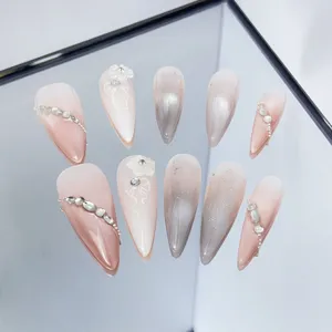 Handcrafted Press On Nails Long Stiletto Gradient Pink Silver Rhinestone False Nails Sweet Cool Style Artificial Fingernail Tips