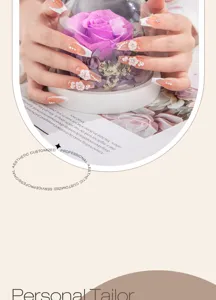 Handcrafted 3D floral press-on nails, elegant French long fake nail art design for women.