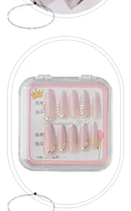 Luxury gradient press-on nails with sparkling rhinestones, high-end medium long false nail art set.