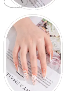 Sweet 3D floral press-on nails with handmade rhinestone details for gorgeous elegant styles.