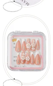 Handmade 3D floral press-on nails with white French tips and rhinestones for daily wear.
