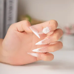 Handmade Press On Nails Long Coffin French White Edge Pearls 3D Floral Fake Nails Bridal Nail Art Tips For Women
