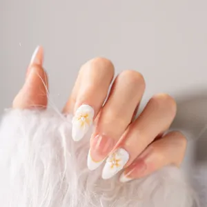 Press-on nails French nude 3D floral pearl false nails elegant fairy style manicure set