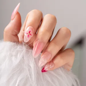 Press-on nails long almond naked pink gradient floral pearl sweet style fake nails 24pcs