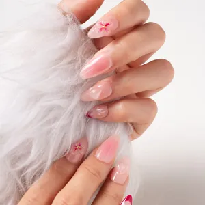 Handmade pink gradient 3D floral press on nails almond fairy style fake nail art tips