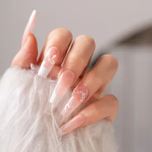 Press on nails nude pink gradient french style pearl bow design fake acrylic nails