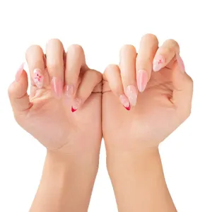 Handmade pink gradient floral press-on nails almond fake nails elegant fairy style chic