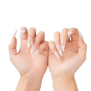 Long stiletto press on nails white French pearl floral handmade fake nails luxury style