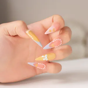 Uñas Postizas Largas Coffin Hechas a Mano Dulce Degradado Perla Lazo Uñas Postizas Conjunto de Consejos de Arte de Uñas de Acrílico