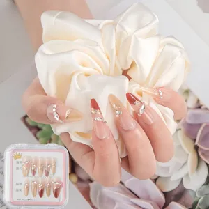 Handmade Press On Nails Long Almond Fake Nails Luxury Rhinestone French Design False Nails Finger Art Decoration Kit for Women