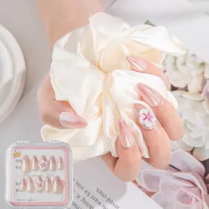 Handmade Press On Nails Japanese Style 3D Floral Rhinestone False Nails Almond Long Fake Nails Art Tips For Women