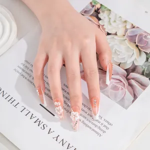 Sweet 3D floral press-on nails long acrylic fake nails with rhinestones luxury chic
