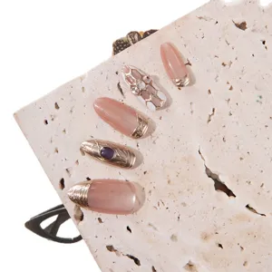 Handmade nude cat eye press on nails long oval fake nails with gold geometric rhinestone decor