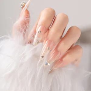 Faux Ongles Press-On Longs Amande Faits Main Dénudés Dégradés Faux Ongles Strass Nœud Cœur Kit Nail Art Réutilisable Pour Femmes