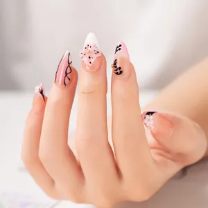 Korean style handmade press-on nails sweet pink floral 3d design almond acrylic nail art tips