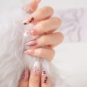 Korean sweet hand-painted pink floral press-on nails, high-end handmade fairy style art.