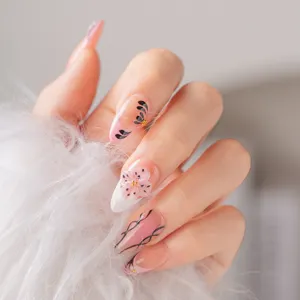 Korean sweet hand-painted pink flower press-on nails, handmade fairy style cute nail art tips.
