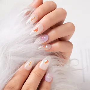 Handmade press-on false nails with ocean theme, sparkling glitter and elegant pearl decorations.