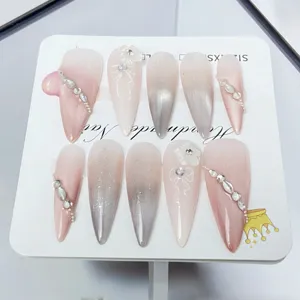 Handmade gradient pink silver press on nails with rhinestones sweet stiletto nail art tips