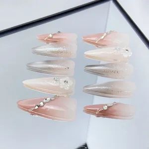 Handmade gradient pink press on nails with rhinestones long stiletto nail art tips set 10pcs