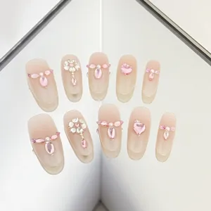 Handmade Press On Nails Cute Heart Rhinestone Fake Nails Reusable French Princess Style Nail Art Tips For Women Party