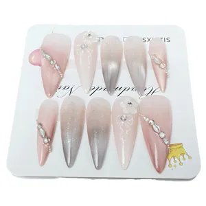 Gradient pink silver press on nails long stiletto luxury handmade acrylic nail art set with rhinestones