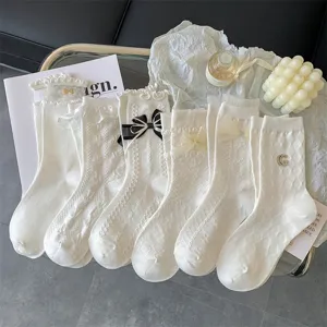 Japanese Lolita Cute Bow Lace Mid-Calf Socks Women Preppy Style Sweet Cotton Hosiery Sweet Girl Daily Accessories
