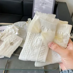 Sweet Lolita white lace mid-calf socks with big mesh bows, cute JK college style cotton socks.