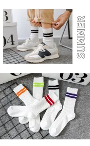 Detailed view of Japanese style striped crew socks, casual knit sportswear for daily wear.