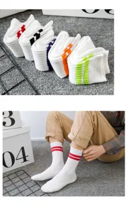 Unisex white cotton tube socks with colorful double stripes, Japanese street style sport socks.