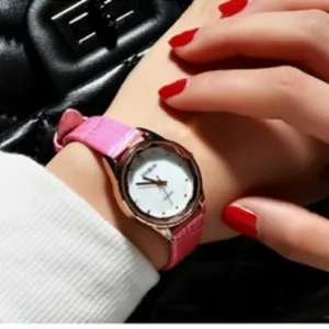 Dames quartz horloge roze lederen band elegant kleine wijzerplaat hoofdaanzicht