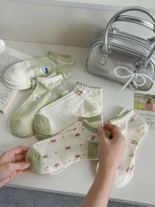 Floral green cotton socks women short tube spring summer pastoral breathable comfortable boat socks