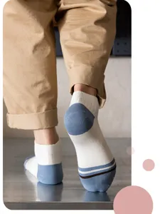 Detail view of men's casual low cut short socks with trendy color block design, breathable.