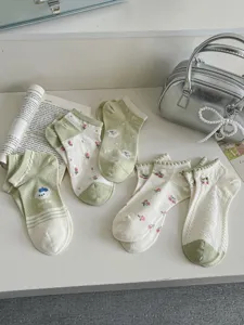 Green floral cotton socks short tube cute pastoral style breathable comfortable boat socks